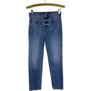 Express blue super high rise ankle mom jeans 2